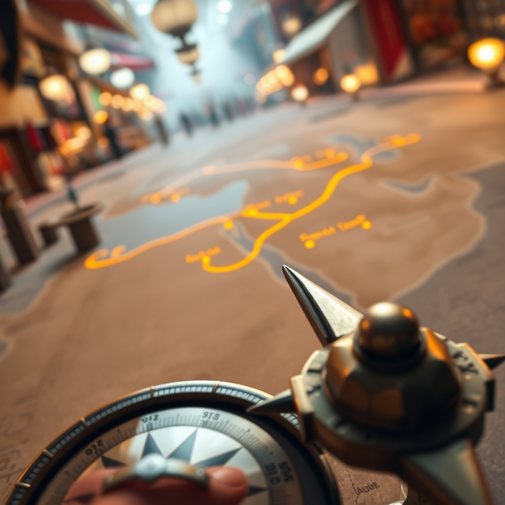 A photorealistic image depicting a compass pointing towards a stylized map of the Middle East, with golden paths illuminating key cities. The background should be a subtle representation of a bustling marketplace. Lighting should be focused and directional, emphasizing the path to success. Camera angle: close-up, highlighting the compass and map details. Textures: detailed rendering of the map's terrain and the compass's metallic finish. Style: Realistic, with a focus on navigation and discovery.