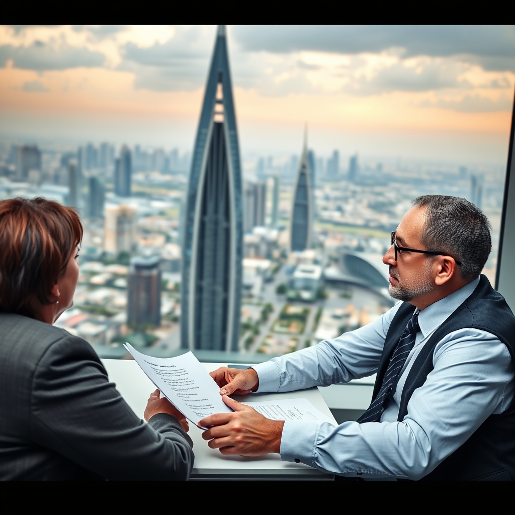 A photorealistic image depicting a financial advisor providing expert advice to a client, with a cityscape of Dubai in the background. The atmosphere should be professional and trustworthy.