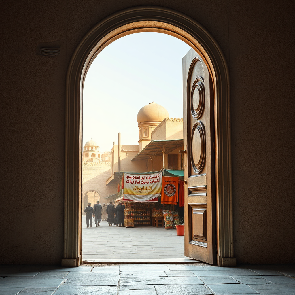A photorealistic image depicting a door opening to reveal a bustling marketplace in the Middle East, symbolizing opportunities and new beginnings.