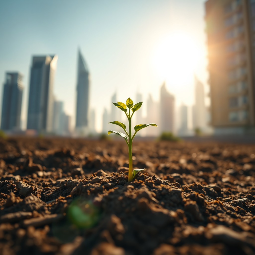 A photorealistic image depicting a seedling growing from fertile soil, with a modern Middle Eastern city skyline in the background. The sunlight should be shining brightly on the seedling, symbolizing sustainable growth. Use a color palette of greens, browns, and golds to represent growth, stability, and prosperity. Camera angle: low angle, emphasizing the growth of the seedling against the skyline. Textures: detailed rendering of the soil and the seedling's leaves. Style: Realistic, with a focus on sustainability and growth.