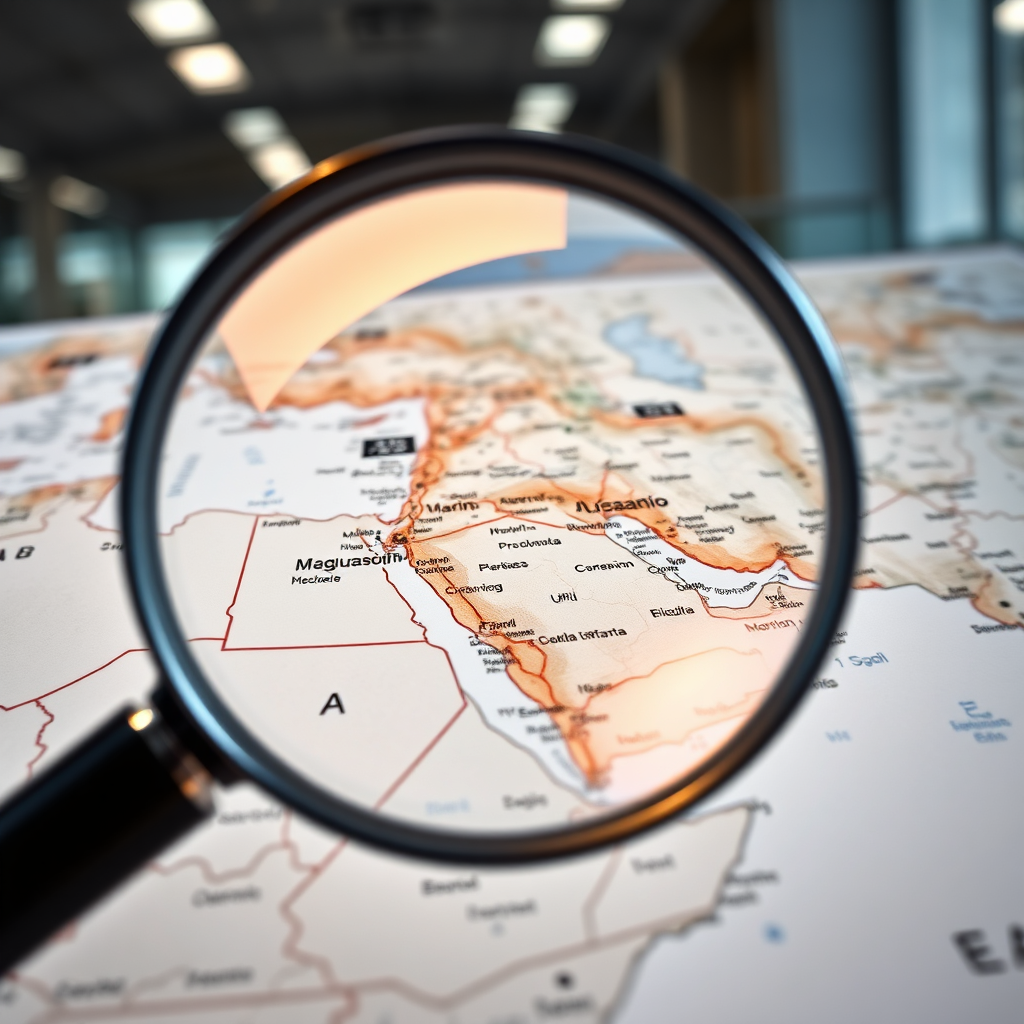 A photorealistic image of a magnifying glass hovering over a detailed map of the Middle East, highlighting key market trends and data points. The background should be a subtle representation of a modern office environment. Lighting should be focused and directional, emphasizing the data points. Camera angle: close-up, highlighting the map and magnifying glass details. Textures: detailed rendering of the map's terrain and the magnifying glass's lens. Style: Realistic, with a focus on analysis and discovery.