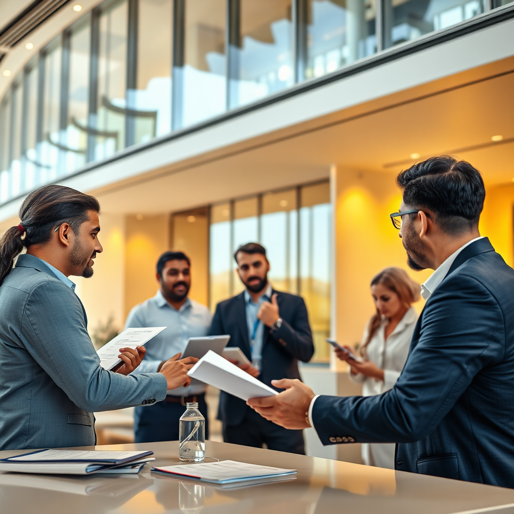 A photorealistic image showcasing a group of entrepreneurs presenting their innovative ideas to investors in a modern Middle Eastern setting. The lighting should be warm and inviting, creating a sense of excitement and opportunity. Camera angle: mid-range, capturing the energy and enthusiasm of the entrepreneurs. Textures: detailed rendering of the presentation materials and the modern setting. Style: Realistic, with a focus on innovation and opportunity.