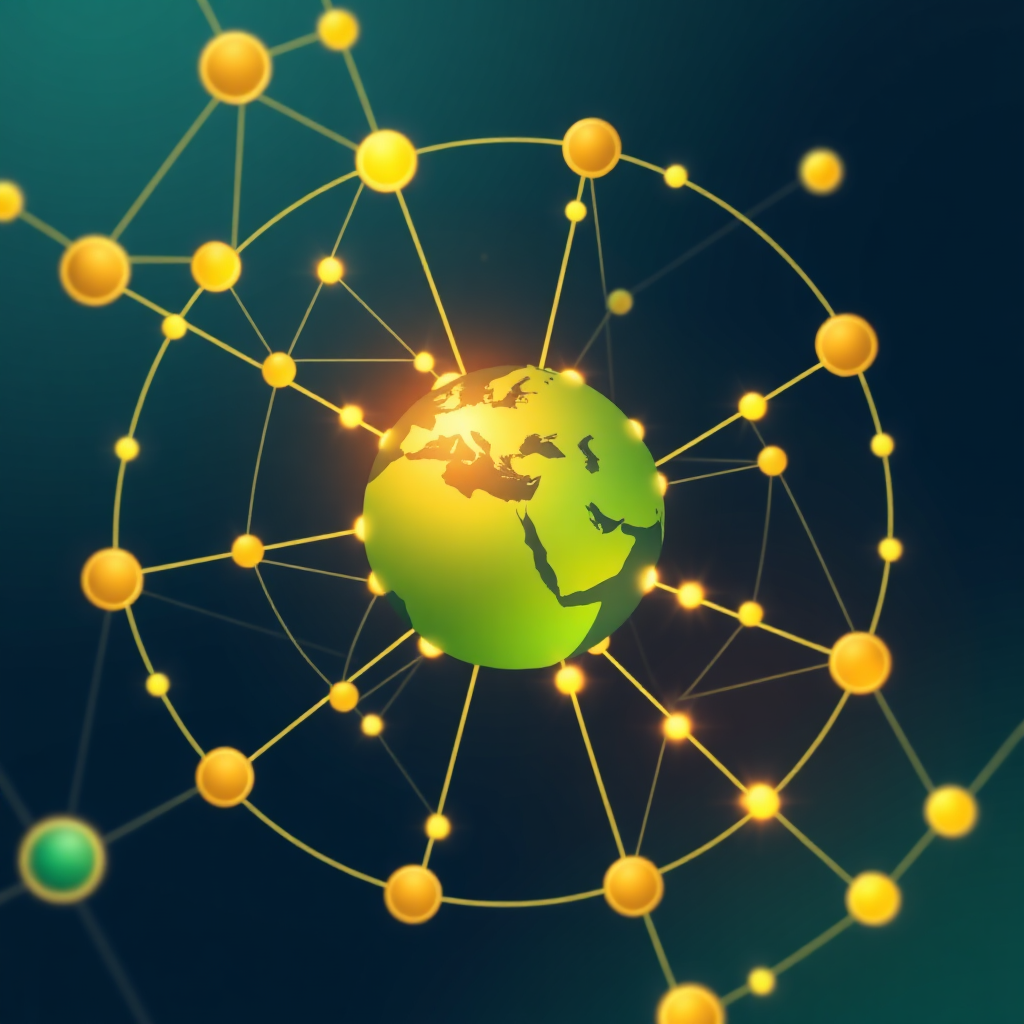 A stylized 4K image representing global collaboration and Middle Eastern growth. The image should feature abstract representations of interconnected global networks converging towards a central point symbolizing the Middle East. Use a color palette of gold, deep blues, and greens to represent prosperity, stability, and growth. The composition should be clean and modern, with subtle geometric patterns reminiscent of Islamic art. Lighting should be bright and optimistic. Camera angle: overhead, providing a comprehensive view of the interconnectedness. Textures: smooth and polished, creating a sense of sophistication. Style: Modern, abstract, and optimistic.