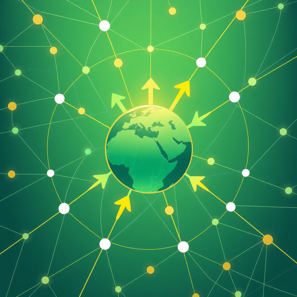 A stylized image depicting interconnected global networks flowing towards a central point symbolizing the Middle East, with arrows indicating the flow of investment. Use a color palette of greens, blues, and golds to represent growth, stability, and prosperity. The composition should be clean and modern, with subtle geometric patterns. Lighting should be bright and optimistic. Camera angle: overhead, providing a comprehensive view of the interconnectedness. Textures: smooth and polished, creating a sense of sophistication. Style: Modern, abstract, and global.