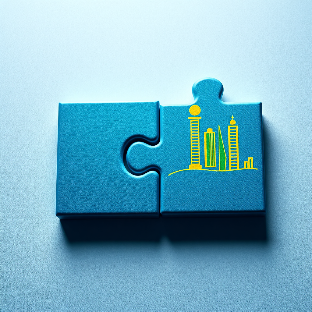 A stylized image depicting two puzzle pieces fitting together seamlessly to form a unified Middle Eastern business landscape. Use a color palette of blues, greens, and golds to represent unity, growth, and prosperity. The composition should be clean and modern, with subtle geometric patterns. Lighting should be soft and ambient. Camera angle: close-up, highlighting the seamless fit of the puzzle pieces. Textures: smooth and polished, creating a sense of unity. Style: Modern, abstract, and unified.