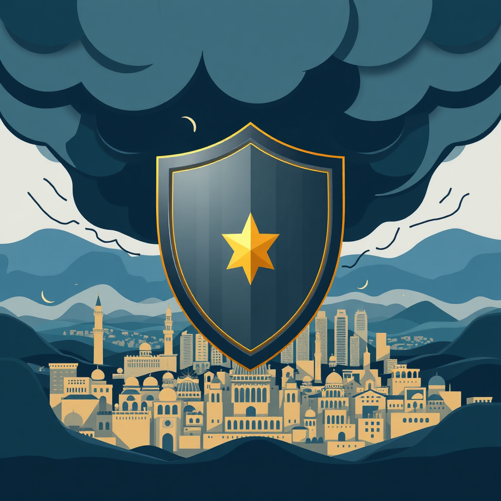 A stylized image of a shield protecting a stylized Middle Eastern cityscape from an abstract storm. Use a color palette of blues, grays, and golds to represent protection, stability, and prosperity. The composition should be clean and modern, with subtle geometric patterns. Lighting should be dramatic and focused. Camera angle: mid-range, providing a balanced view of the shield and the cityscape. Textures: smooth and polished, creating a sense of security. Style: Modern, abstract, and protective.