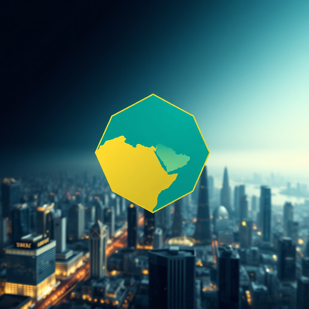 A stylized image showcasing a balanced portfolio represented by interconnected geometric shapes, with the Middle East highlighted in gold. The shapes should be floating above a futuristic cityscape. Use a color palette of blues, greens, and golds to represent stability, growth, and prosperity. Lighting should be soft and ambient. Camera angle: mid-range, providing a balanced view of the portfolio and the cityscape. Textures: smooth and polished, creating a sense of sophistication. Style: Modern, abstract, and optimistic.