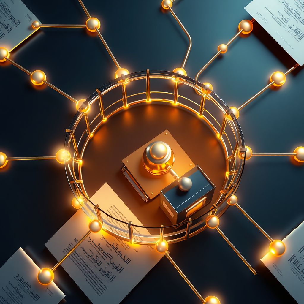 A stylized image showcasing interconnected legal documents forming a protective barrier around a Middle Eastern business hub. The documents should be illuminated with a soft, golden light. Use a color palette of blues, golds, and whites to represent order, stability, and prosperity. Camera angle: overhead, providing a comprehensive view of the protective barrier. Textures: smooth and polished, creating a sense of security. Style: Modern, abstract, and protective.