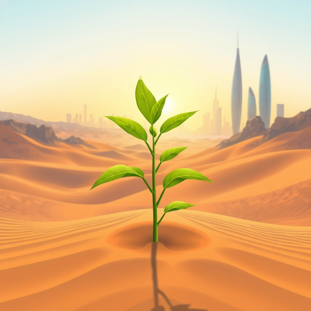 A stylized image showing a plant growing from the desert with futuristic city skyline in the distance, representing steady business development in the ME region.